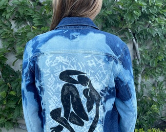 Thrifted Black & White hand painted Matisse inspired denim jacket