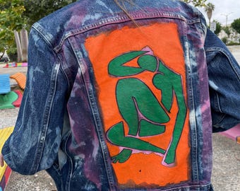 Hand-Painted Matisse Denim Jacket: Bleached One-of-a-Kind Art