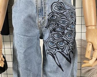 Levis Shorts, Hand Painted with blue eyeballs, Thrifted Levis