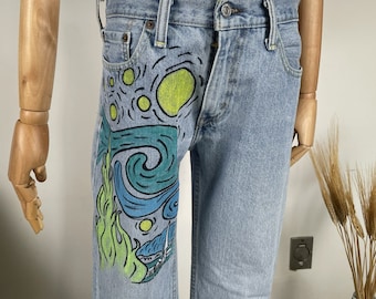Levis, Vintage Levis, Hand Painted, Van Gogh Starry night