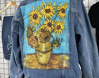 Hand-Painted Sunflower Denim Jacket: Van Gogh Style, One-of-a-Kind