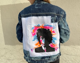 Hand-Painted Bob Dylan Denim Jacket with Embroidered Patch and bleached by hand
