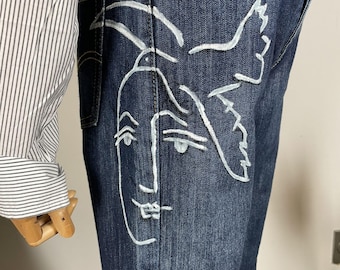 Hand-Painted Upcycled Levi's Jeans: Picasso Art, Dark Wash