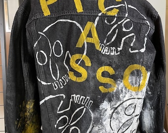 Thrifted Hand Painted denim jacket, Black Denim