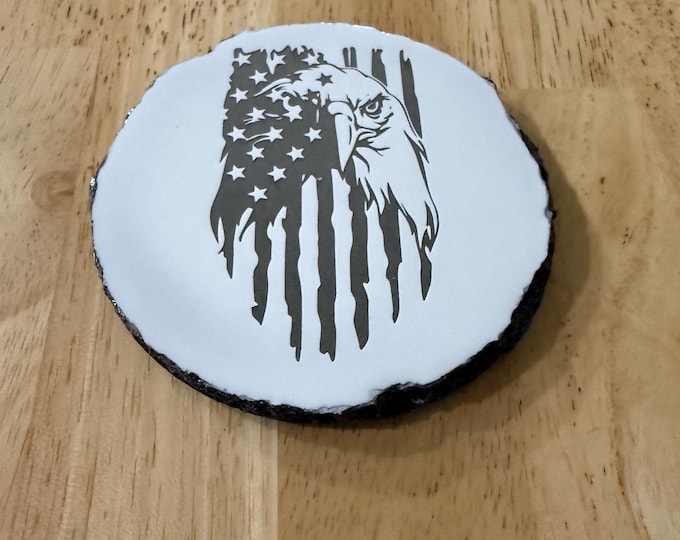 Rustic Bald Eagle & American Flag Engraved Slate Coaster