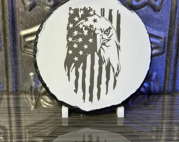 Rustic Bald Eagle & American Flag Engraved Slate Coaster