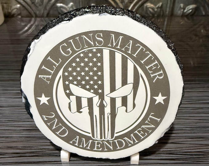 Second Amendment Punisher Skull Slate Coaster – 2A American Flag Skull – Laser Engraved Slate – Patriotic Man Cave Decor