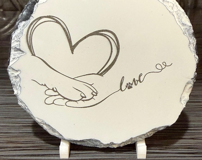 Dog Paw & Hand Heart Slate Coaster – Pet Lover Coaster – Laser Engraved Dog Paw and Hand – Dog Mom Gift – Pet Memorial Decor