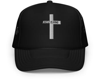 Jesus ist König Foam Trucker Hat - Gestickte Kreuz Christliche Kopfbedeckung - Glaubensbasierte Kappe - Religiöses Geschenk
