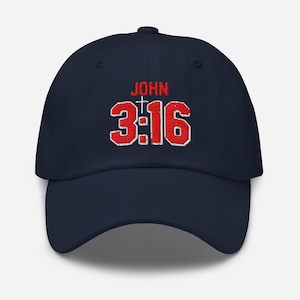 May include: A navy blue baseball cap with a white cross and the text "JOHN 3:16" embroidered in red.