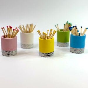 Matchstick holder pots with circular match strike paper, jesmonite matchstick holders, long coloured tip matches, handmade home decor/gift