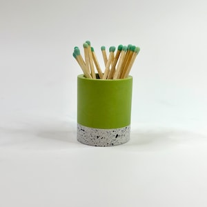 GREEN matchstick holder pots, circular match strike paper, jesmonite matchstick holders, long coloured tip matches, handmade home decor/gift