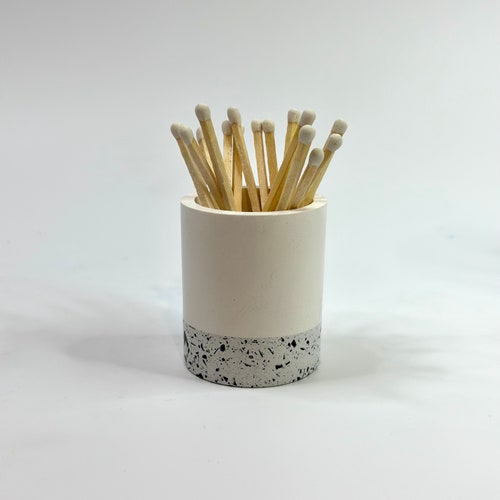 WHITE matchstick holder pots, circular match strike paper, jesmonite matchstick holders, long coloured tip matches, handmade home decor/gift
