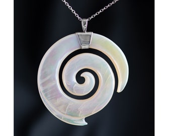 Large Hand Crafted Pacific Pearl Shell Koru Pendant on a Sterling Silver Chain.