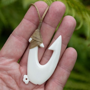 Large Traditional New Zealand Maori Style Bone Carving Matau (Hook) Pendant.