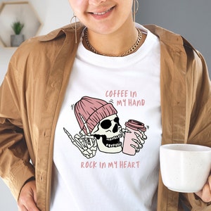 Coffee in My Hand Rock in My Heart T-Shirt, Skull with Beanie Graphic Tee, Rock and Roll Coffee Lover Shirt, Punk Grunge Aesthetic Gift