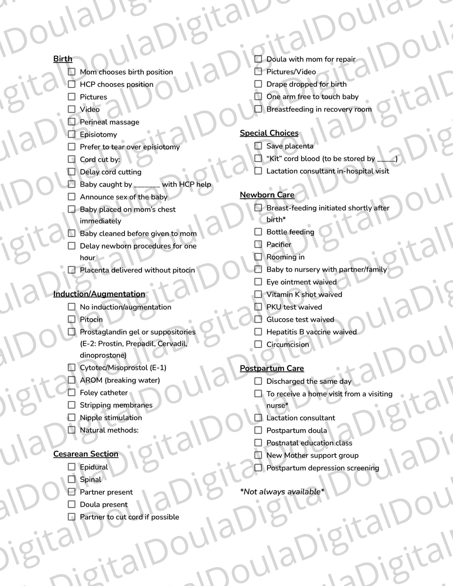 Birth Options and Preferences Sheet | Childbirth Education | Doula - Etsy