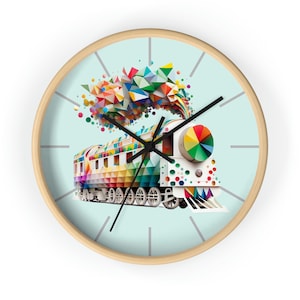 Steam Train Geometric Art Wall Clock | Colorful Geometric Abstract Clock | Bright and Bold Modern Art Aesthetic Clock