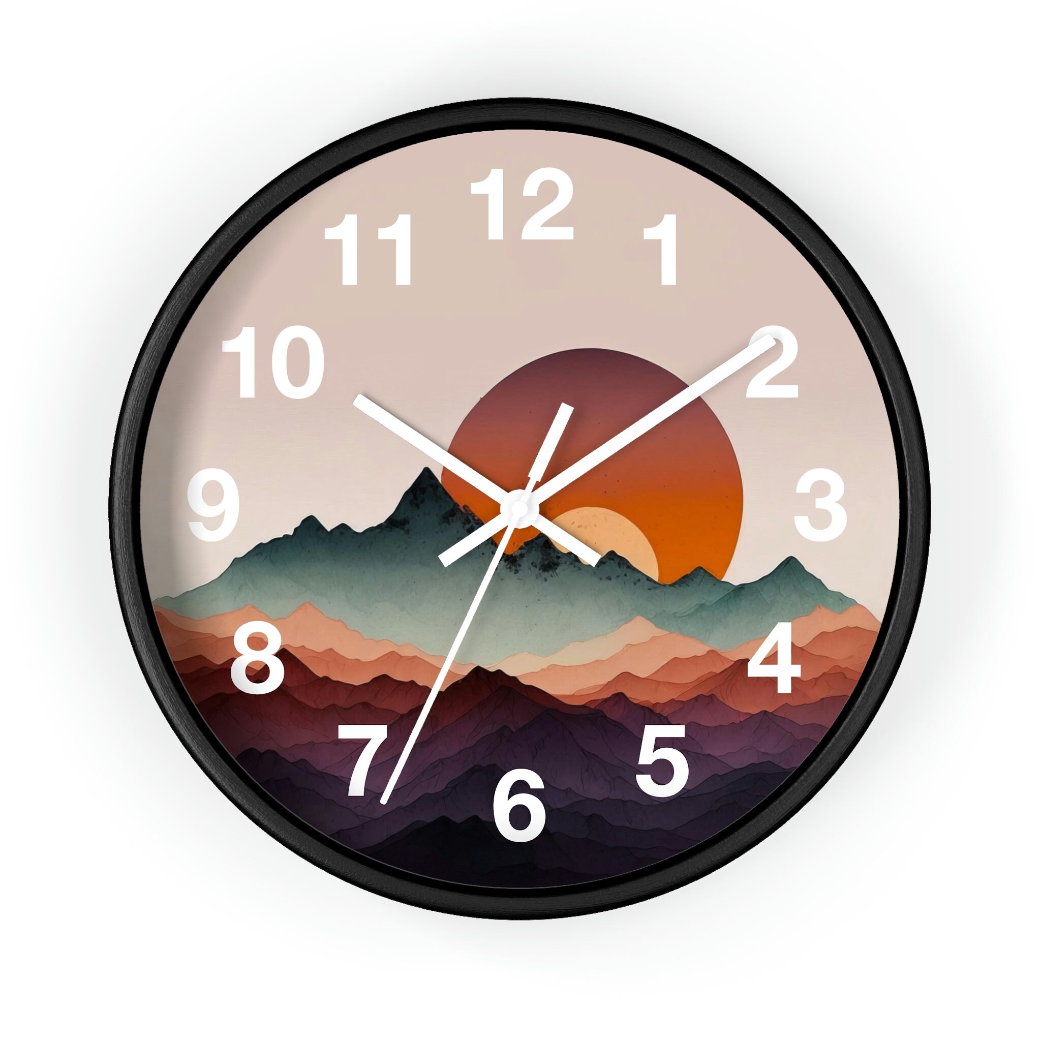 Modern Wall Clock With Numbers, Mountain Range Sunset Wall Clock ...