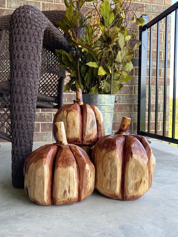 Carved Pumpkin, Chainsaw Carved Pumpkin, Wooden (Cedar) Pumpkin