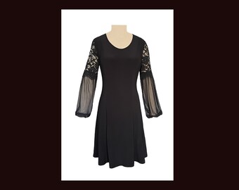 Fit and Flared Black Dress with mesh and lace long sleeves