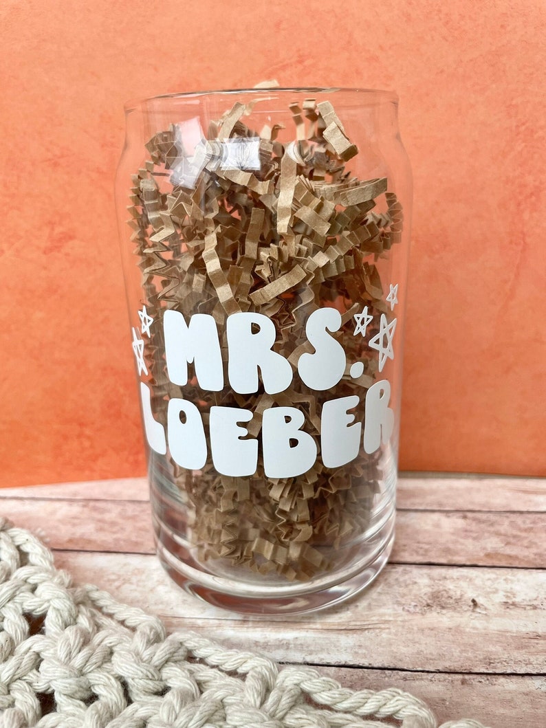 Custom Name Glass Cup Soda Glass Can Iced Coffee Can Iced Coffee Can with Lid Iced Coffee Gifts for Teacher Gifts for Bride image 1