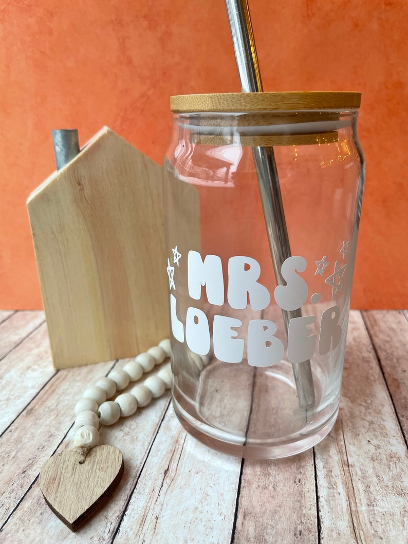 Custom Name Glass Cup Soda Glass Can Iced Coffee Can Iced Coffee Can with Lid Iced Coffee Gifts for Teacher Gifts for Bride image 3