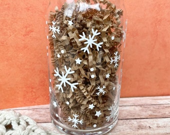 Snowflake Glass Cup || Soda Glass Can || Winter Cup || Iced Coffee Can || Iced Coffee Can with Lid || Iced Coffee || Christmas Gift