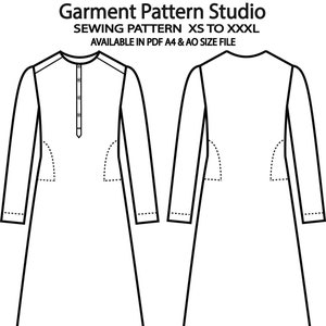 Könnte beinhalten: Eine Schwarzweiß-Zeichnung eines Schnittmusters für ein langärmeliges Kleidungsstück mit Kragen. Das Schnittmuster enthält Vorder- und Rückansicht. "Garment Pattern Studio Sewing Pattern XS to XXXL Available in PDF A4 & AO Size File" steht oben im Bild.