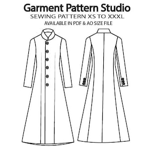 May include: A black and white line drawing of a long coat sewing pattern. The pattern shows the front and back views of the coat. The text "Garment Pattern Studio" and "SEWING PATTERN XS TO XXXL AVAILABLE IN PDF & AO SIZE FILE" is at the top.