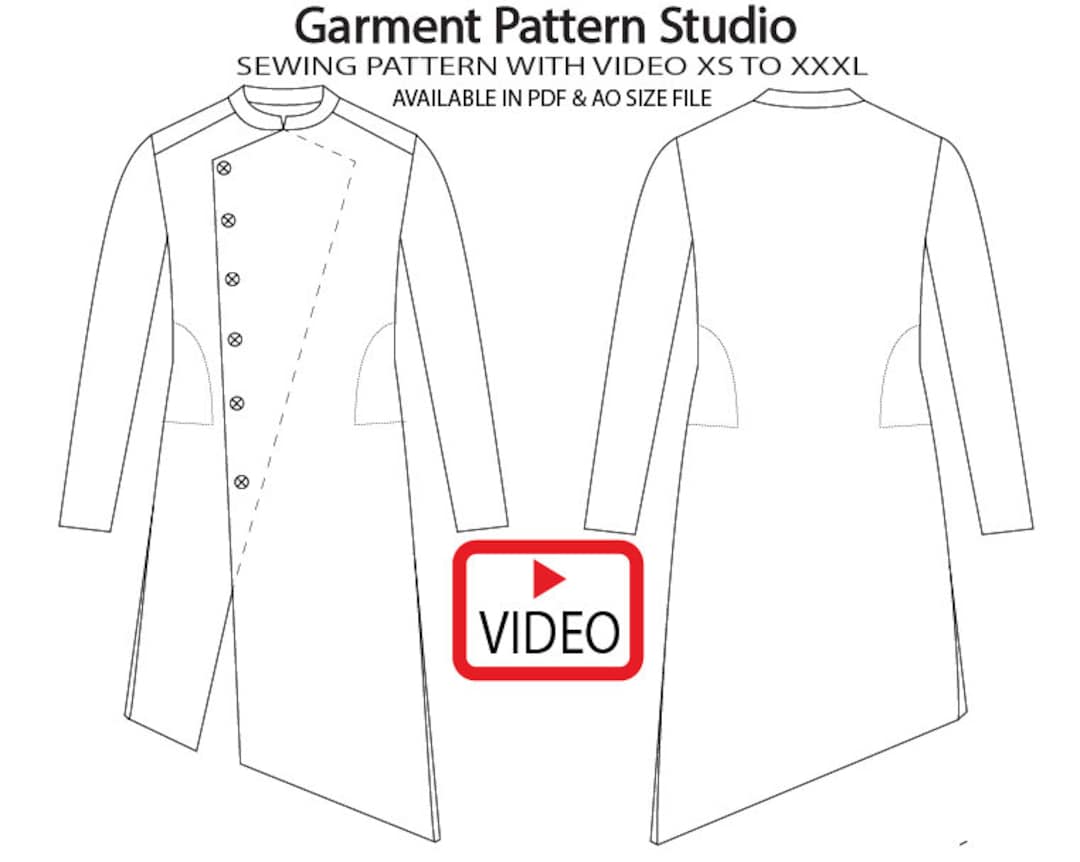 Men Asymmetric Kurta Sewing Pattern With Video All Size Grading XS to