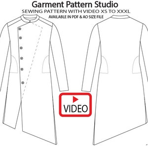 May include: A black and white line drawing of a long-sleeved garment with a diagonal seam and a button-up front. The garment has a mandarin collar and a long, asymmetrical hem. The text "Garment Pattern Studio" is at the top of the image, and the text "SEWING PATTERN WITH VIDEO XS TO XXXL" is below it. The text "AVAILABLE IN PDF & AO SIZE FILE" is below that. The text "VIDEO" is in a red rectangle with a play button in the center.