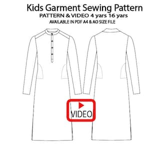 May include: Line drawing of a long-sleeved garment pattern for kids. The pattern includes front and back views, a mandarin collar, and a button-down placket. Text at the top reads "Kids Garment Sewing Pattern". A red video icon is at the bottom.