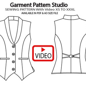 Peut inclure: Un dessin au trait noir et blanc d'un patron de gilet avec un col, des boutons et une ceinture dans le dos. L'image comprend le texte "Garment Pattern Studio", "Sewing Pattern With Video XS TO XXXL", "AVAILABLE IN PDF & AO SIZE FILE", et "VIDEO".