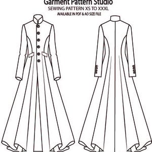Puede incluir: Un dibujo lineal en blanco y negro de un patrón de costura para abrigo largo de Garment Pattern Studio, con cuello alto, cierre frontal de botones y mangas largas. La ilustración muestra vistas frontal y trasera en tallas de XS a XXXL.