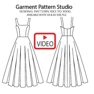 Puede incluir: Dibujo de línea de un patrón de vestido para coser. El patrón está disponible en tallas XXS a XXXL y en formato PDF. El texto "Garment Pattern Studio" y "VIDEO" también se incluyen en la imagen.