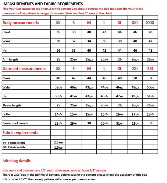 Men Mandarin Collar Shirt Sewing Pattern All Size Grading XS Etsy