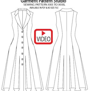 Puede incluir: Dibujo de línea de un patrón de vestido sin mangas con un frente abotonado y una falda acampanada. El patrón está disponible en tallas XXS a XXXL y está disponible en formatos de archivo PDF y AO. La imagen incluye el texto "Garment Pattern Studio", "Sewing Pattern XXS to XXXL", "Available in PDF & AO Size File" y "VIDEO".