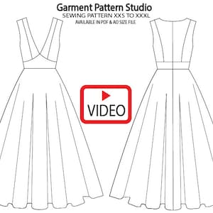 Könnte beinhalten: Linienzeichnung eines ärmellosen Kleides mit V-Ausschnitt und einem taillierten Oberteil. Der Rock ist weit und fließend. Das Kleid wird von vorne und hinten gezeigt. Der Text "Garment Pattern Studio" befindet sich oben im Bild. Der Text "Sewing Pattern XXS to XXXL" befindet sich unter dem Titel. Der Text "Available in PDF & AO size file" befindet sich unter den Größeninformationen. Der Text "VIDEO" befindet sich in einem roten Rechteck in der Mitte des Bildes.