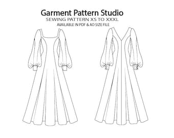 Bishop Sleeve Dress Sewing Pattern, Square Neck XS-XXXL (PDF, A0)