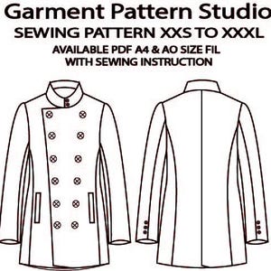 Può includere: Disegno a tratto bianco di un modello di cucito di cappotto doppiopetto, viste anteriore e posteriore. La vista frontale mostra bottoni decorativi e tasche. Il testo in alto recita "Garment Pattern Studio" e "SEWING PATTERN XXS TO XXXL".