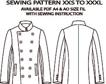 Patrón de costura para chaqueta de cuello mandarín para hombre, tallas XS-3XL, A4/A0, PDF