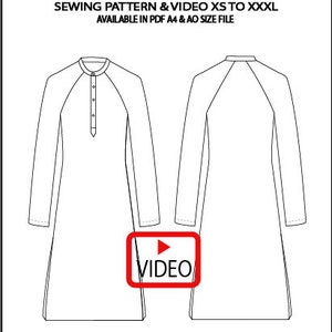 Może przedstawiać: Czarno-biały rysunek długiej koszuli z kołnierzykiem typu mandarynka. Koszula jest pokazana z przodu i z tyłu. Tekst "Garment Pattern Studio" znajduje się w górnej części obrazu. Tekst "Sewing Pattern & Video XS to XXXL" znajduje się pod tytułem. Tekst "Available in PDF A4 & AO Size File" znajduje się pod drugim wierszem tekstu. Słowo "VIDEO" znajduje się w czerwonym prostokącie z przyciskiem odtwarzania w środku.