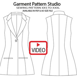 Puede incluir: Un dibujo en blanco y negro de un patrón de chaleco sin mangas para coser. El patrón está disponible en tallas XXS a XXXL y está disponible en formatos de archivo PDF y AO. La imagen incluye el texto "Garment Pattern Studio", "Sewing Pattern XXS to XXXL", "Available in PDF & AO Size File" y "VIDEO".