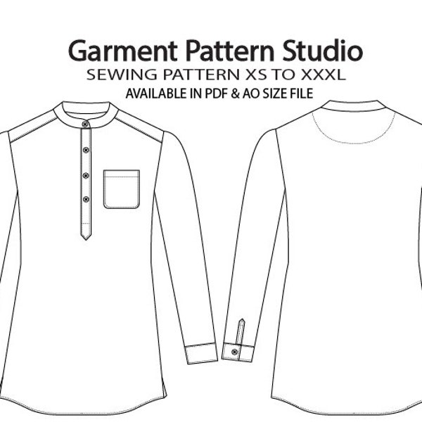 Men Mandarin Collar Short Kurta (Tunic)Sewing Pattern All Size Grading XS to XXXXL In a4 and ao Size PDF File