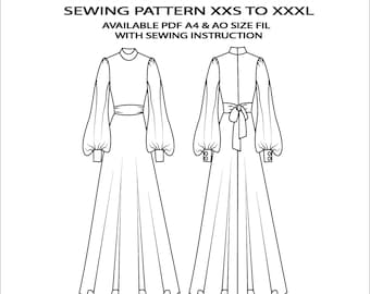 High Neck Abaya Sewing Pattern, All Sizes XXS-XXL (A4 & A0 PDF)
