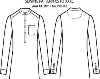 Men's Mandarin Collar Kurta Sewing Pattern, XS-XXXL (PDF, A0)