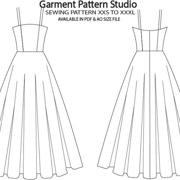 Modello di cucito per abito midi con corsetto tubolare, classificazione di tutte le taglie da XXS a XXXL in file PDF in formato a4 e ao