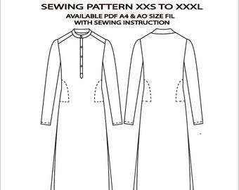 Men's Mandarin Collar Kurta Sewing Pattern, All Sizes XS-XXXL (A4 & A0 PDF)