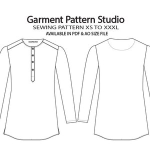 Könnte beinhalten: Eine Schwarzweiß-Zeichnung eines Langarmhemden-Schnittmusters. Das Muster enthält eine Vorder- und eine Rückansicht des Hemdes. Der Text "Garment Pattern Studio" befindet sich oben im Bild. Der Text "Sewing Pattern XS to XXXL" befindet sich unter dem Studio-Namen. Der Text "Available in PDF & AO size file" befindet sich unter dem Größenbereich.